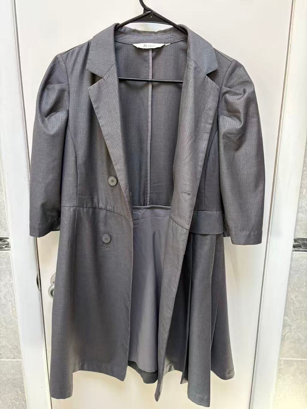 Women Grey Double Breasted Blazer Dress Women Pleated Skirt Short 3/4 Sleeve S